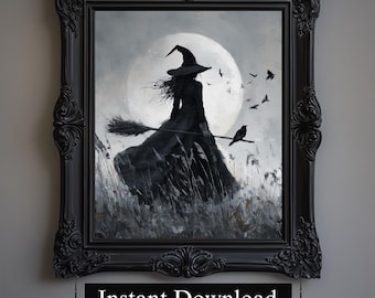 Witch & Moon Gothic Art Print, Victorian Witchy Home Decor (Downloadable)