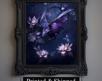 Gothic Purple Bat Art Print | Dark Academia Halloween Wall Decor