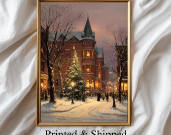 Vintage Christmas Town Print, Holiday Village Painting, Seasonal Wall Art