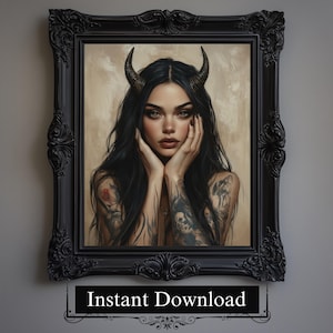 Beautiful Demonic Witch Painting, Printable Gothic Witch Fantasy Print, Downloadable Occult Tattoo Art for Witchy Decor & Gothic Room