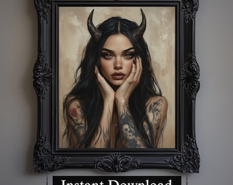 Puede incluir: Retrato enmarcado de una mujer con largo cabello negro, cuernos y tatuajes. La obra de arte está en un marco negro ornamentado. El texto "Instant Download" está en la parte inferior del marco.