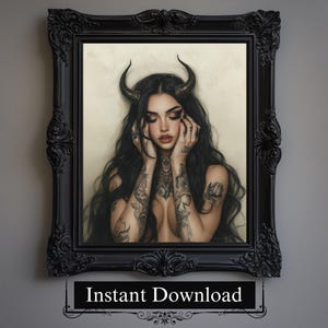 Horned Demonic Witch Painting, Printable Tattooed Woman, Downloadable Gothic Print, Mystical Witchcraft Decor, Dark Fantasy Occult Wall Art