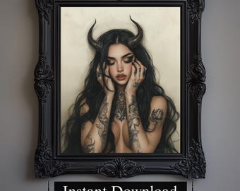 Puede incluir: Retrato enmarcado de una mujer con cabello negro largo, cuernos y tatuajes. La obra de arte está en un marco negro ornamentado. El texto "Instant Download" se muestra en la parte inferior del marco.