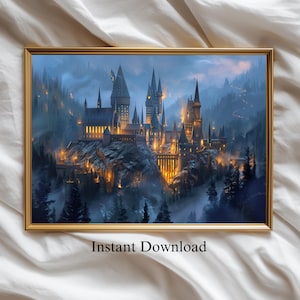 Puede incluir: Una impresión enmarcada de un castillo con múltiples torres, sobre un fondo montañoso brumoso. El castillo está iluminado con luces cálidas y doradas, y el texto "Instant Download" está en la parte inferior.
