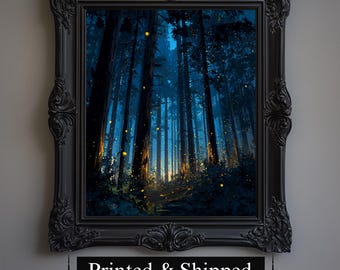 Lámina artística de un bosque encantado de luciérnagas, póster de naturaleza maximalista oscura