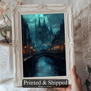 Dark fantasy poster of historic architecture with a melancholic, mysterious vibe.