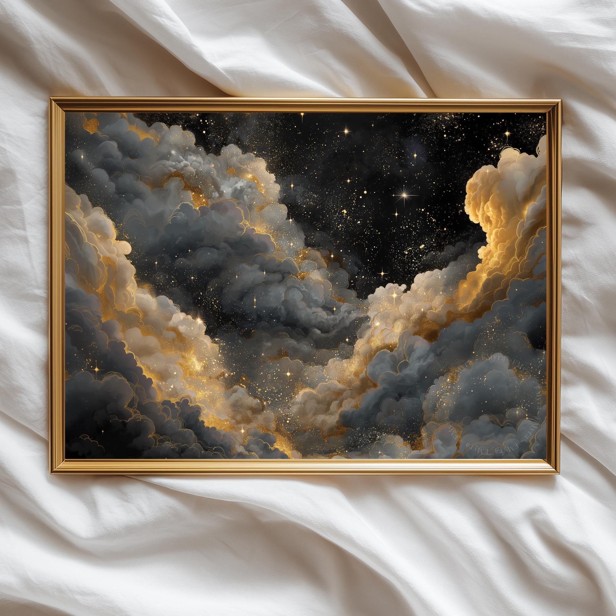 Celestial Night Sky Print, Golden Stars & Cloud Wall Art, Moody Home ...