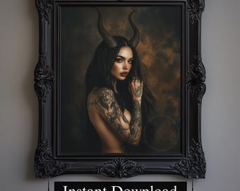 Puede incluir: Retrato enmarcado de una mujer con pelo largo y negro, cuernos y tatuajes. La obra de arte está en un marco negro ornamentado. La imagen tiene una estética oscura y gótica. El texto "Instant Download" está en la parte inferior del marco.