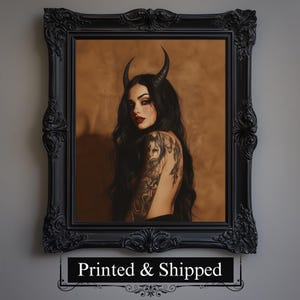 Beautiful Horned Demonic Witch Wall Art Print, Tattooed Woman Poster, Gothic Art Print, Mystical Witchcraft Decor, Dark Fantasy Occult