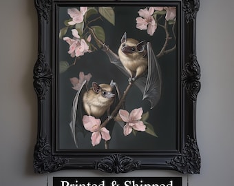 Fledermaus Paar Wand Kunst | Halloween Print Witchy Wand Kunst Whimsigoth Druck Blumen Vintage Kunstwerk Dunkel Cottagecore Goth Ästhetik