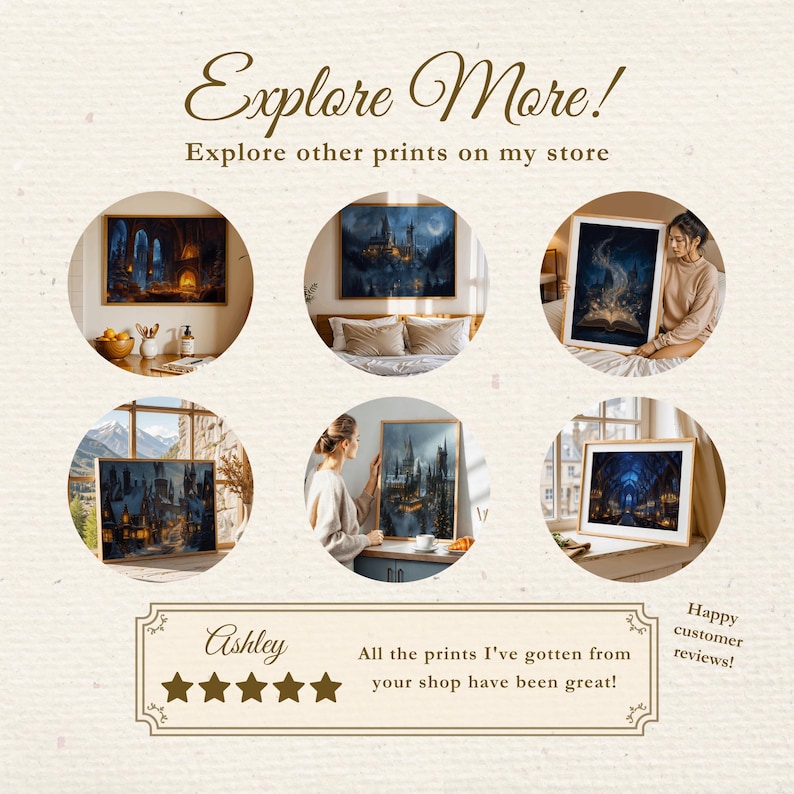 May include: An advertisement featuring framed art prints. The prints depict fantasy scenes, including castles and magical interiors. The text "Explore More!" and "Explore other prints on my store" is displayed. Customer reviews and star ratings are also shown.