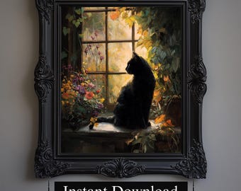 Floral Black Cat Painting, Vintage Window Art (Digital Download)