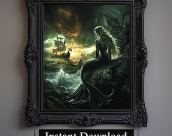 Puede incluir: Una pintura digital de una sirena sentada en una roca, mirando hacia un barco que se aleja en un mar tormentoso. El cielo es una mezcla de naranja, amarillo y verde, y el agua es de un azul oscuro.
