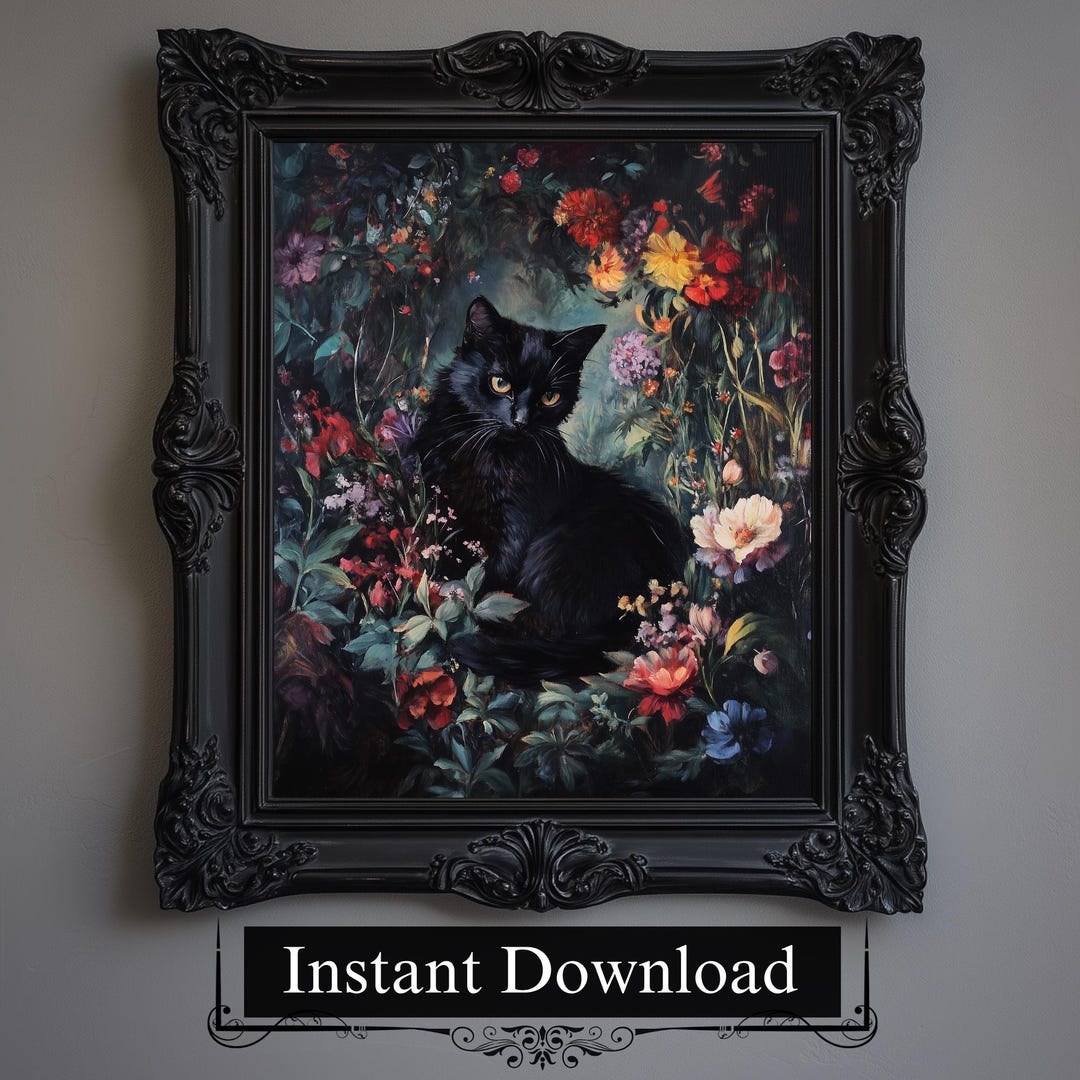 Floral Black Cat Art Print | Dark Academia Gothic Decor (digital ...