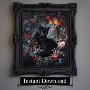 Floral Black Cat Digital Print | Vintage Wall Art | Flower Cat Print, Dark Academia Printable, Dark Cottagecore Decor, Gothic Oil Painting