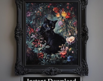 Floral Black Cat Art Print | Dark Academia Gothic Decor (Digital Download)