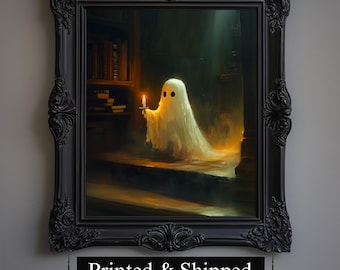 May include: A framed print featuring a ghostly figure holding a candle in a dimly lit room. The artwork has a vintage aesthetic, with a black ornate frame. The text "Printed & Shipped" is at the bottom of the frame.