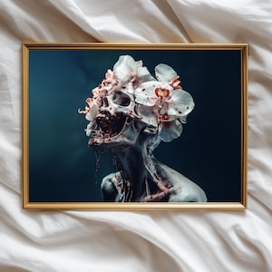 May include: A framed print featuring a surreal image of a skeletal figure adorned with white and pink orchids. The figure has exposed flesh and a dark background, creating a striking contrast. The artwork is presented in a gold frame.