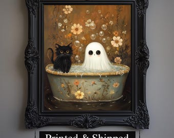 Ghost and Cat Bathroom Art Print, Spooky Whimsigoth Halloween Decor
