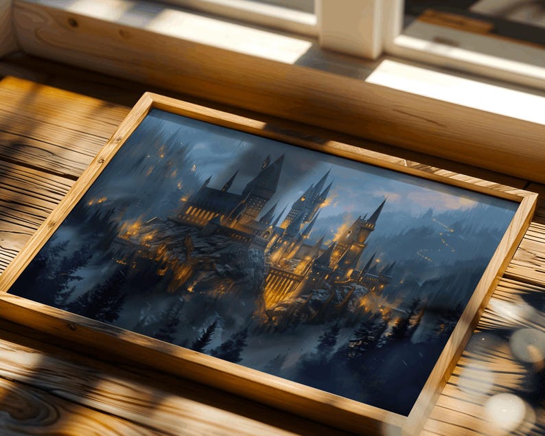 May include: A framed print of a castle with multiple towers, set against a misty, dark blue sky. The castle is illuminated with warm, golden lights, and surrounded by dark green trees. The frame is made of light brown wood.