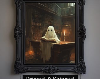Lámina de lectura fantasmal, arte de librería tenebrosa, decoración Dark Academia