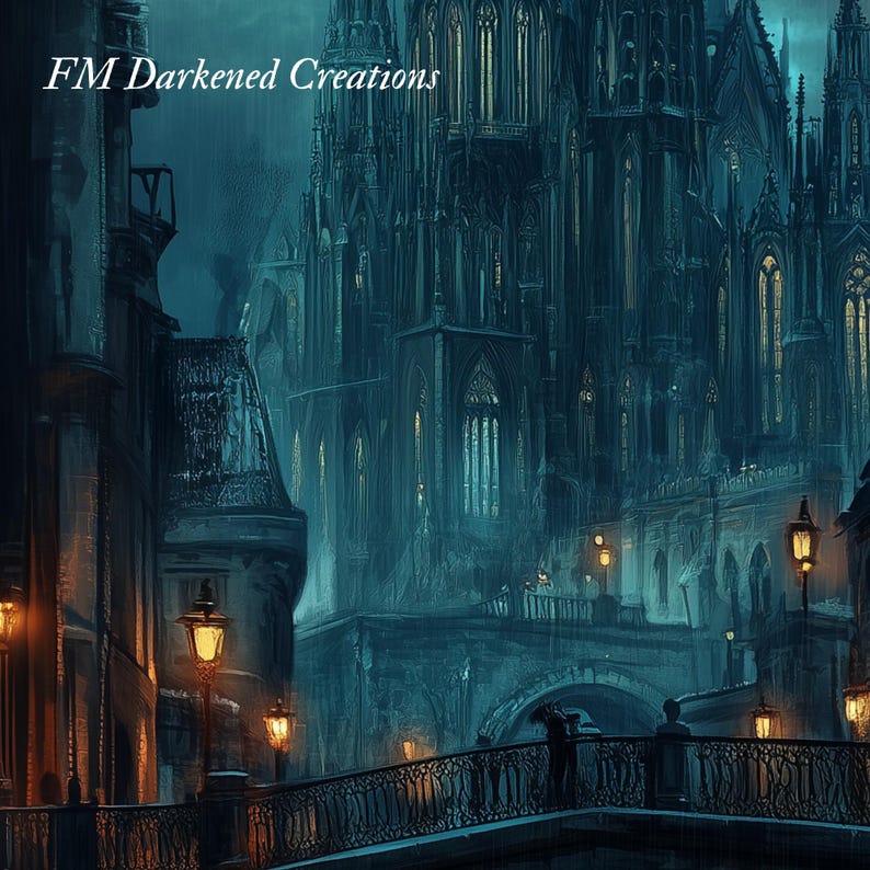 Dark academia print showcasing dramatic gothic structures under a mystic sky.