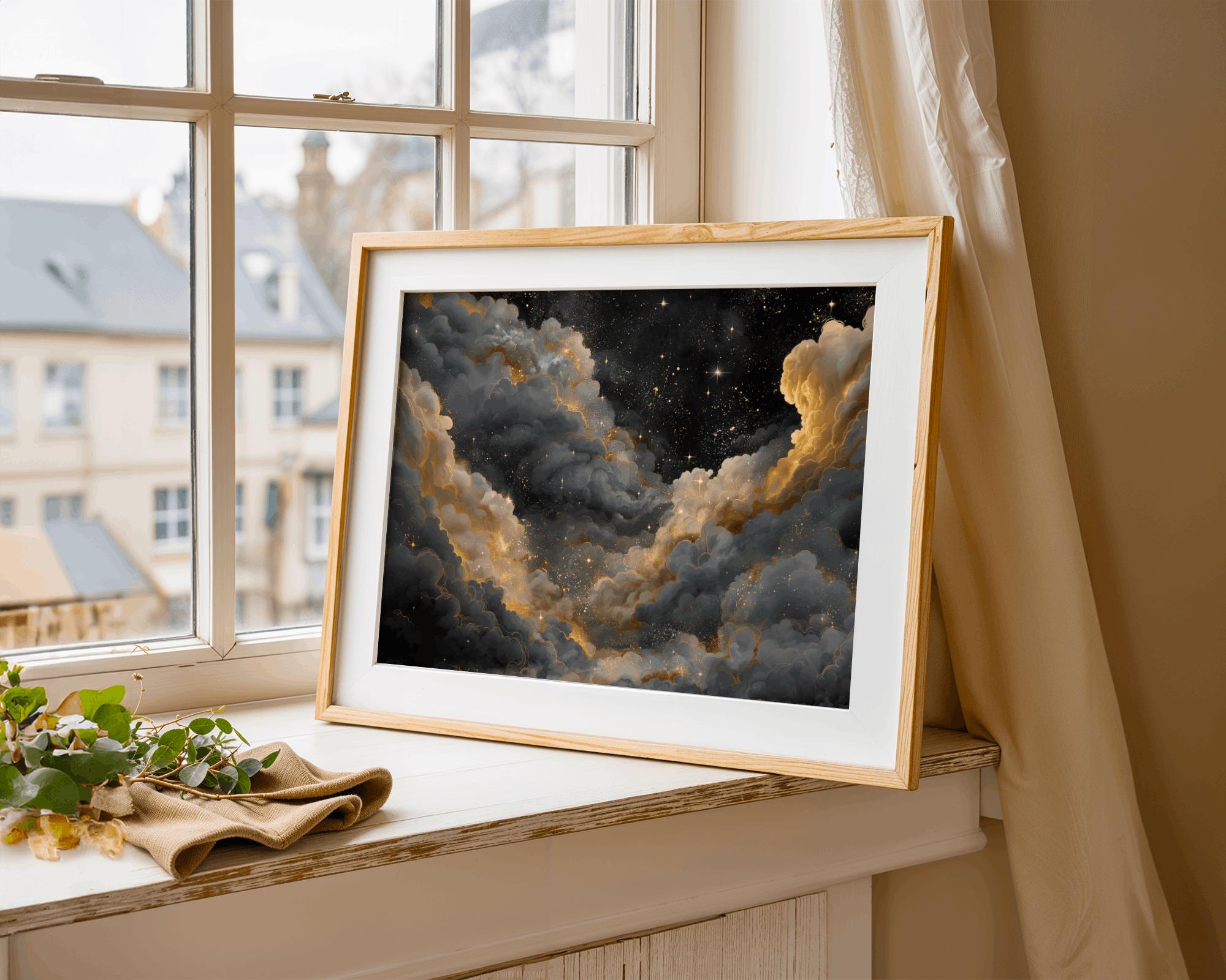 Celestial Night Sky Print, Golden Stars & Cloud Wall Art, Moody Home ...