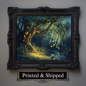Willow Tree Fairies Painting Dark Cottagecore Decor Dark Academia Poster Art Enchanted Illustration Vintage Nature Wall Art Rustic Aesthetic