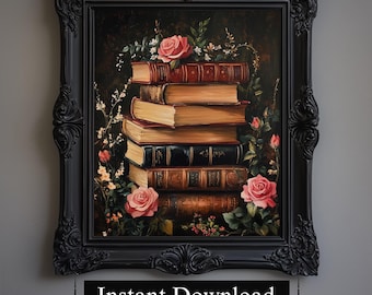 Dark Academia Floral Books Painting, Gothic Home Decor (Digital Download)
