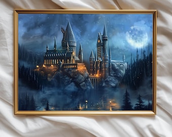 Wizard School Night Print | Digital Download Magic Castle Art | Fantasy Landscape Decor