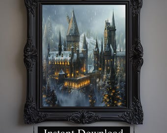 Winter Castle Painting, Christmas Wizard School Art (Digital Download)