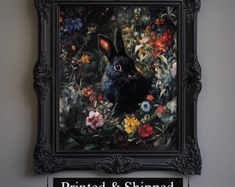 Gothic Black Rabbit Floral Art Print | Dark Academia Decor