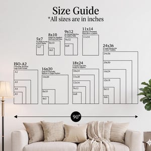 May include: A size guide chart with various rectangular dimensions in inches, including 5x7, 8x10, 9x12, 11x14, 16x20, 18x24, and 24x36. The text "Size Guide" is at the top, with the phrase "All sizes are in inches" below it. A sofa is in the foreground.