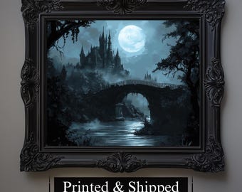 Burg Dracula Gothic Wall Art Print | Mystische Vampir Malerei, Dunkles Academia Dekor, Halloween Okkulte Ästhetik, Stimmungsvolle Antike Schlosskunst