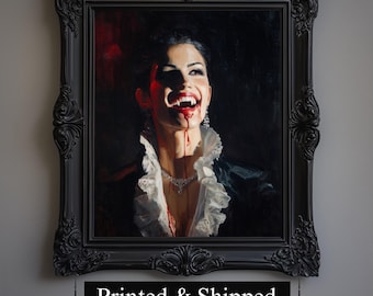 Smiling Vampire Woman Art Print, Gothic Home Decor