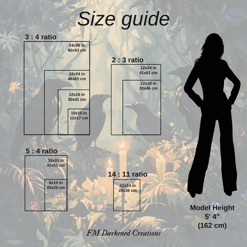 Sizes Guide: Clear chart with print ratios to fit all frame types and room layouts.