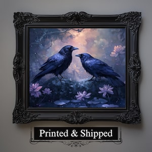 Raven Couple in Dark Forest Wall Art Print | Dark Academia Artwork Retro Art Vintage Dark Cottagecore Wildlife Painting Gothic Decor