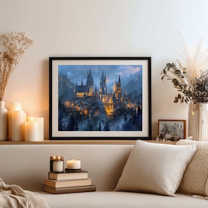 Magic castle print in a misty, dark setting, perfect for fantasy wall art.