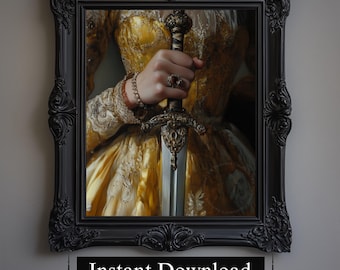 Cuadro de mujer victoriana con espada, decoración Dark Academia (Descargable)