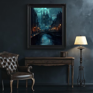 Moody fine art print of gothic cathedral spires in a twilight scene for gothic room aesthetics.