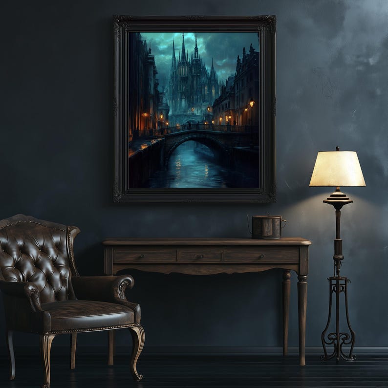 Moody fine art print of gothic cathedral spires in a twilight scene for gothic room aesthetics.