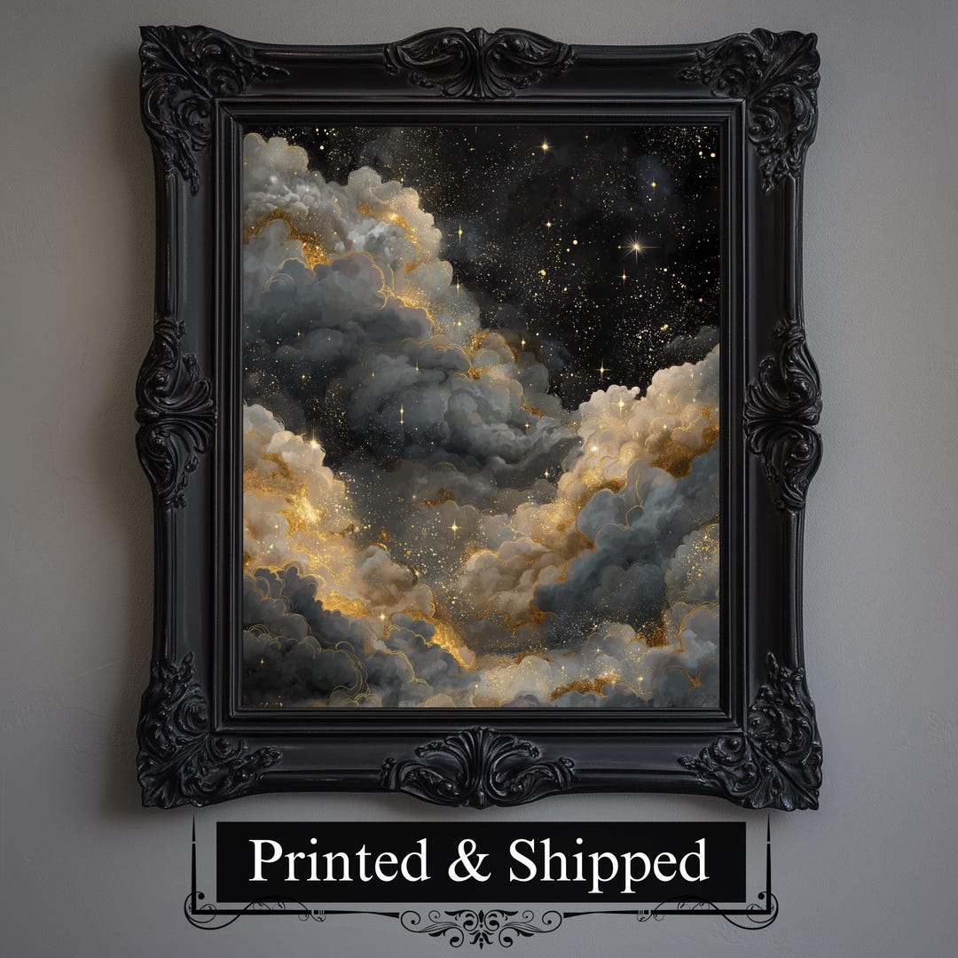 Celestial Night Sky Art Print, Golden Stars, Gothic Home Decor - Etsy