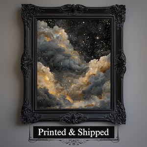 May include: An art print in a black ornate frame, depicting a celestial scene with dark grey and gold clouds against a starry night sky. The artwork creates a dramatic and elegant aesthetic, suitable for home decor.