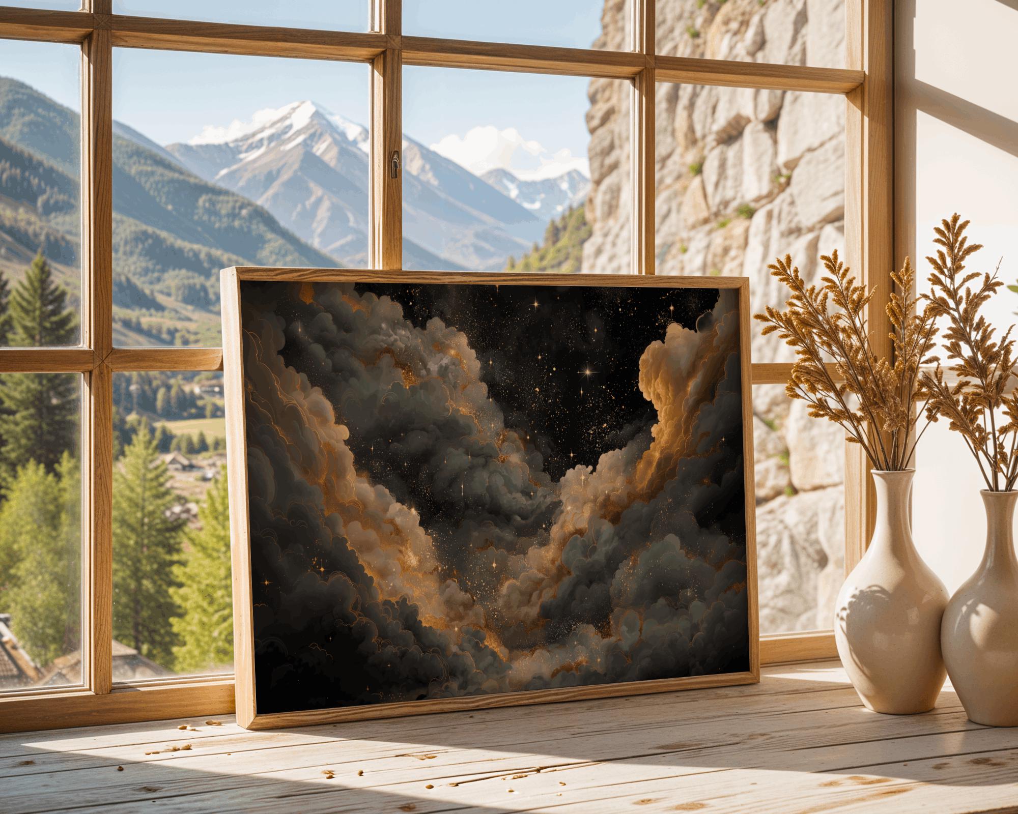 Celestial Night Sky Print, Golden Stars & Cloud Wall Art, Moody Home ...