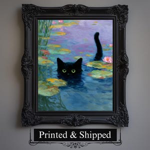 Funny Cat Swimming Print Monet Pond Gift Poster Wall Art Home Decor, Christmas Gift, Cat Mom Gift, Monet Inspired Cat Print