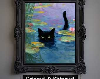 Funny Cat Monet Print, Lily Pond Painting, Whimsical Wall Art