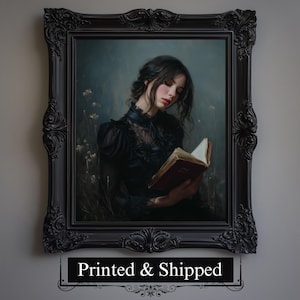 Elegant Woman Reading Bookish Wall Art Print, Librariancore Painting, Dark Academia Home Decor, Moody Reading Book Lovers Gift Wall Art