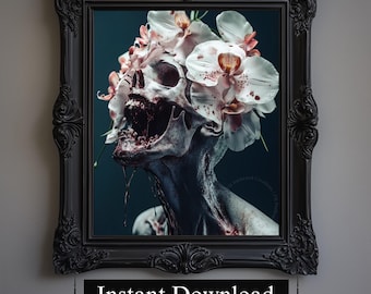 Makabere Blumenschädel Druck, Gothic Horror Wandkunst (herunterladbar)