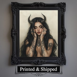 Horned Demonic Witch Wall Art Print, Tattooed Woman Poster, Gothic Art Print, Mystical Witchcraft Decor, Dark Fantasy Occult Matte Paper