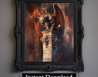 Gargoyle Gothic Cathedral Art Print, Dark Fantasy Illustration (Digital Download)